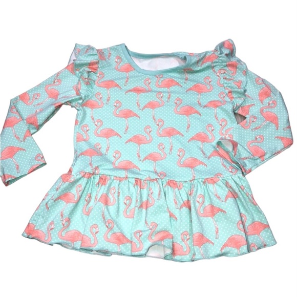 Serendipity By Shrimp & Grits Kids Size 5-6 Little Girls Flamingo Ruffle top - Picture 1 of 6